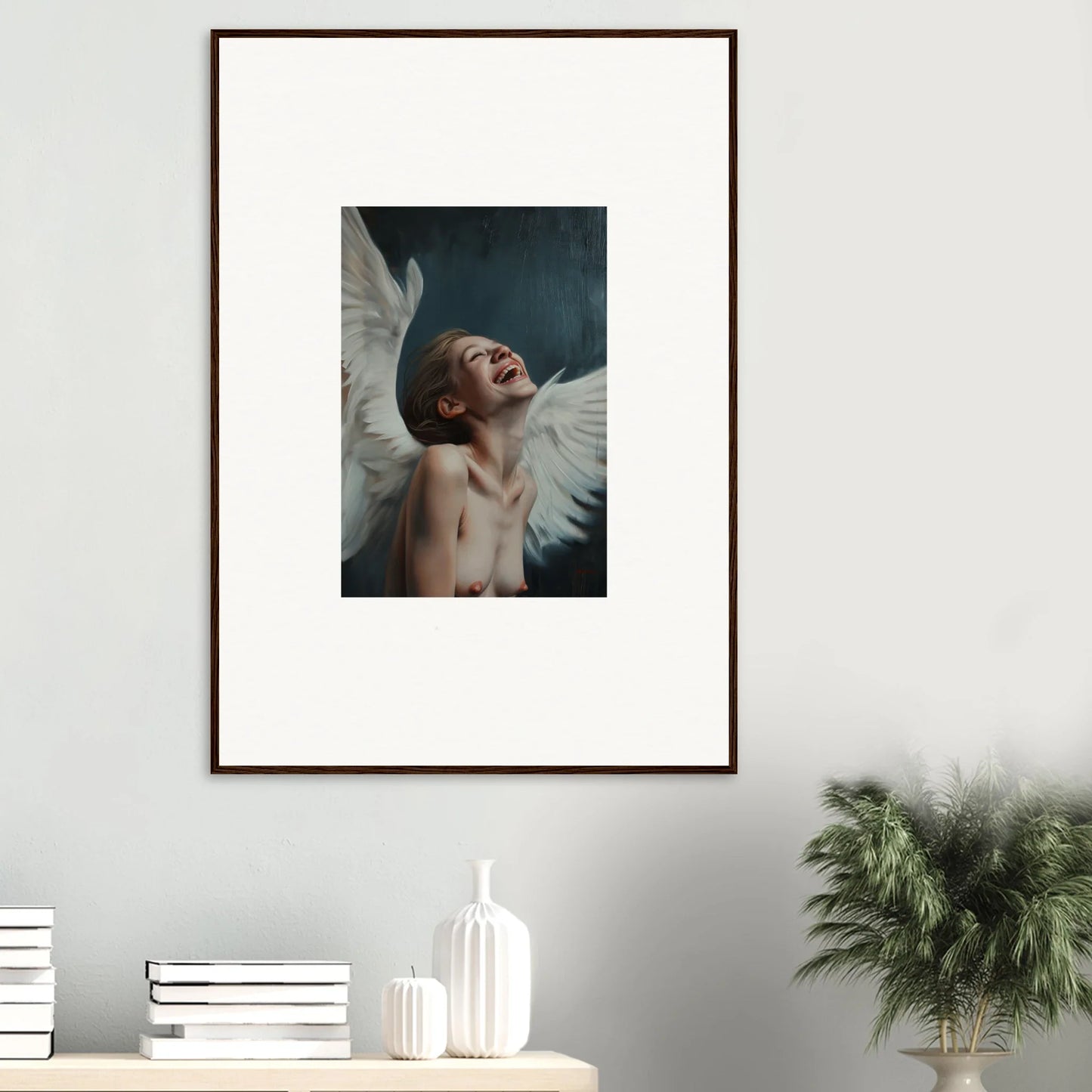 Joyful person with white wings in framed wall art, perfect for wing time room decor