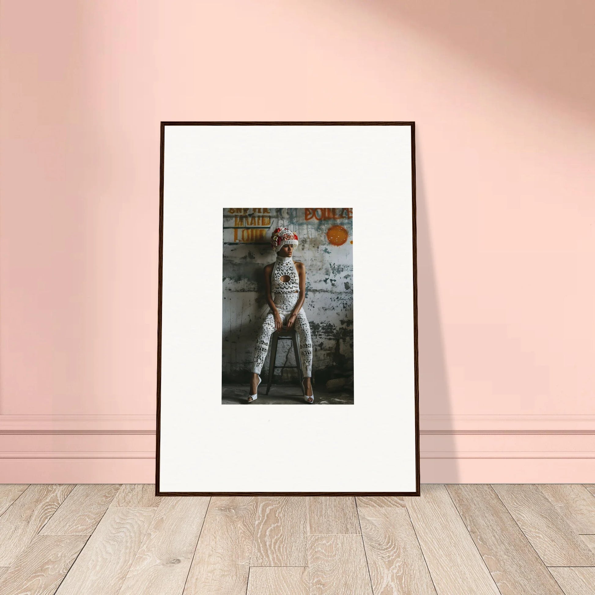 Framed wall art of a person in a white bodysuit against vibrant graffiti for Room Decor