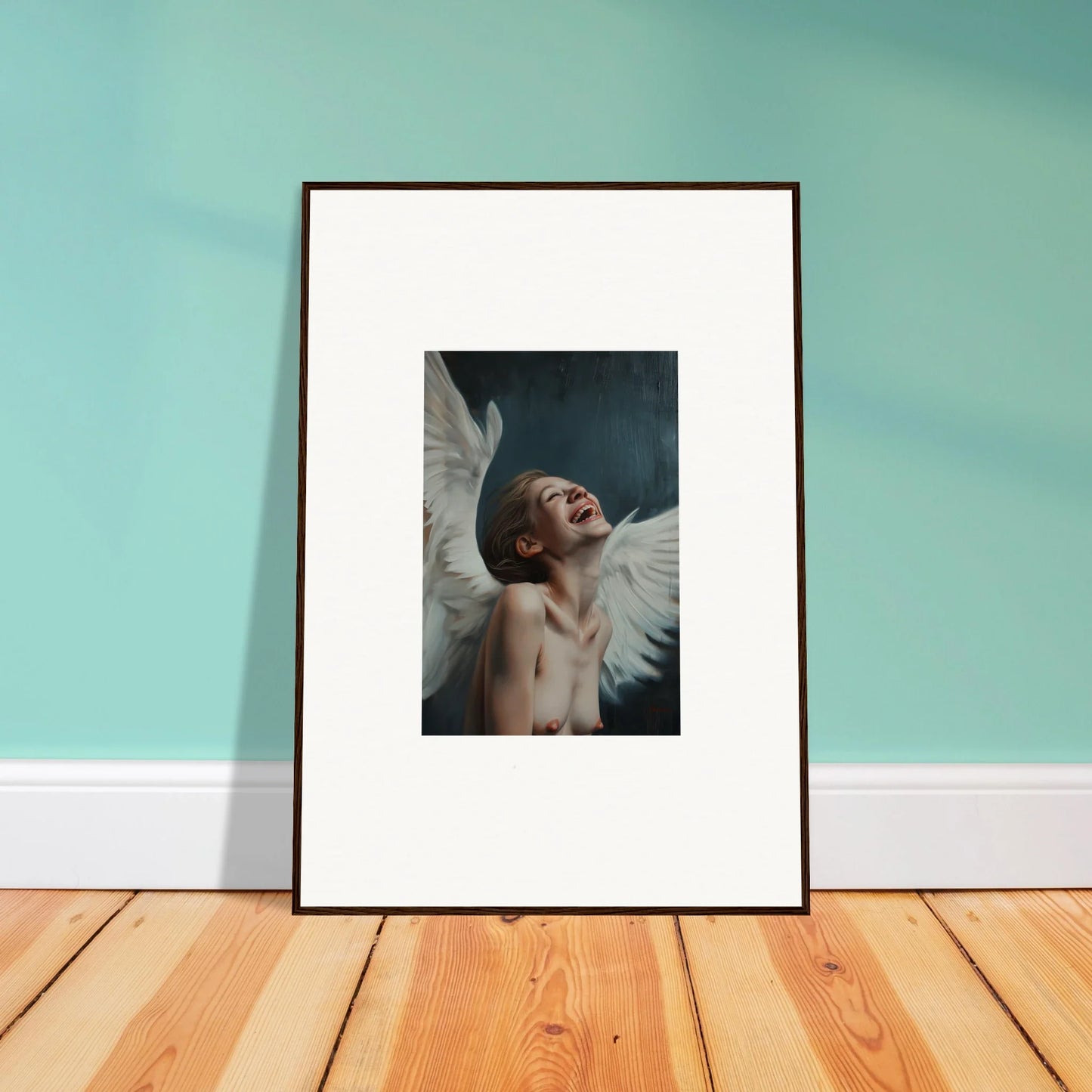 Joyful person with wings in framed wall art for vibrant room decor, Wing Time