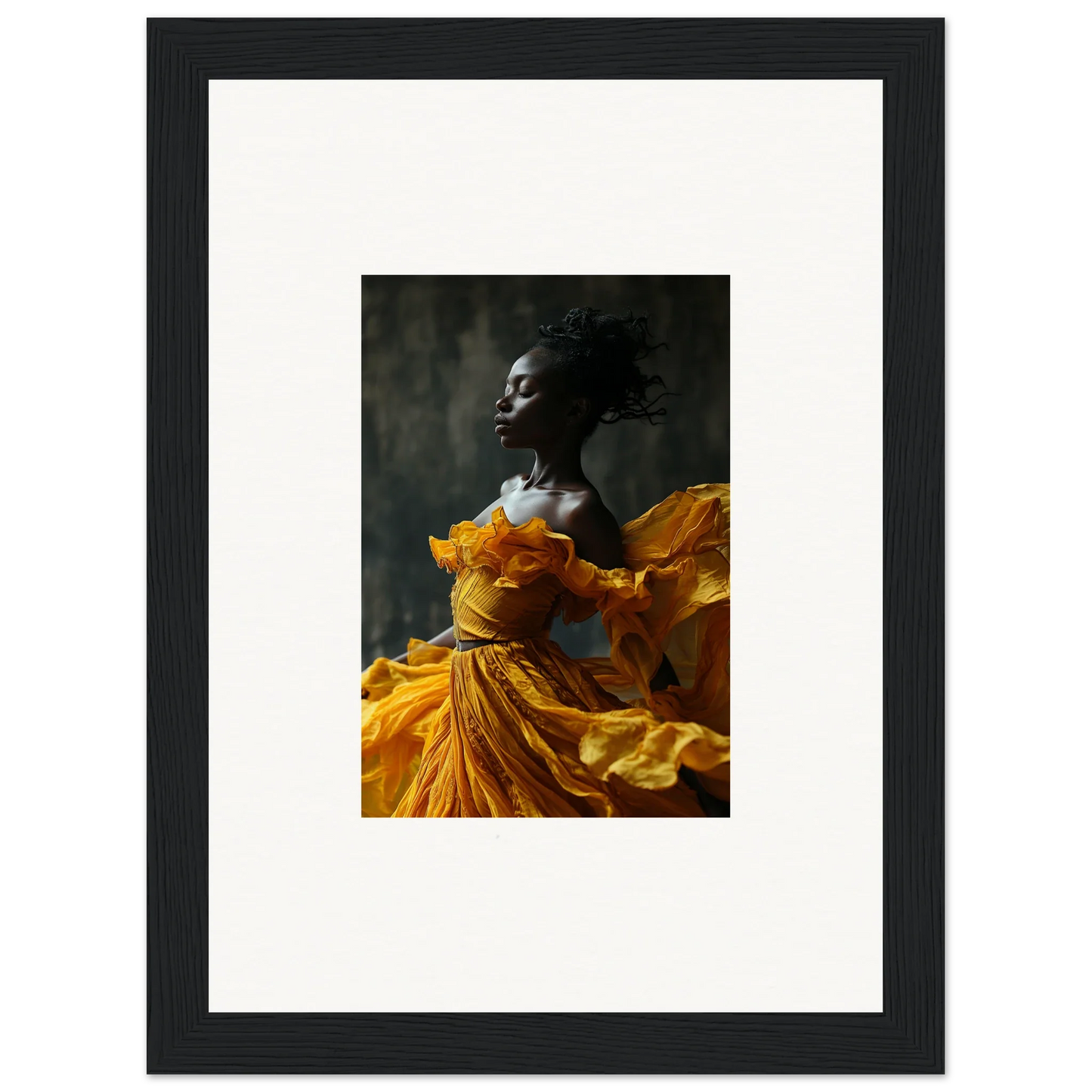 Framed wall art of a person in a yellow dress capturing sunlit whispers for room decor