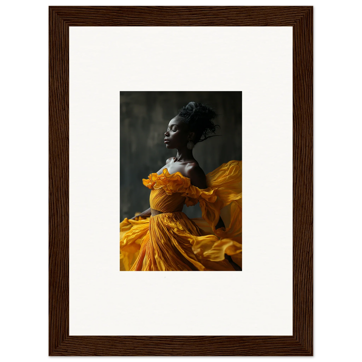 Framed wall art of a person in a yellow dress, reflecting Silence Rapture for room decor