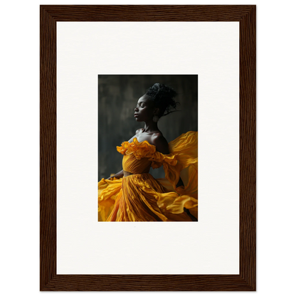 Framed wall art of a person in a yellow dress, reflecting Silence Rapture for room decor