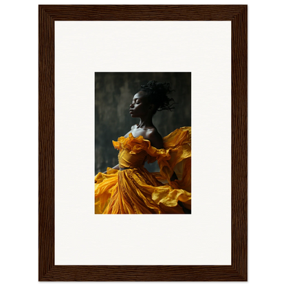 Framed wall art of a person in a flowing yellow dress, capturing sunlit whispers