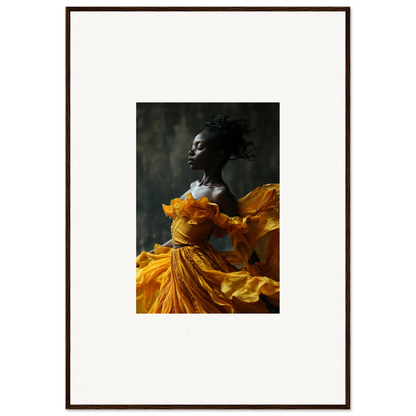 Framed wall art of a person in a flowing yellow dress among sunlit whispers