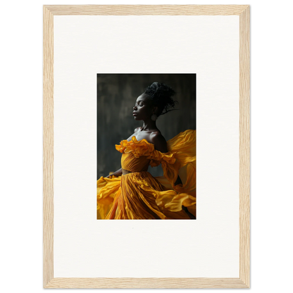 Framed wall art of a person in a yellow dress creating silence rapture in room decor