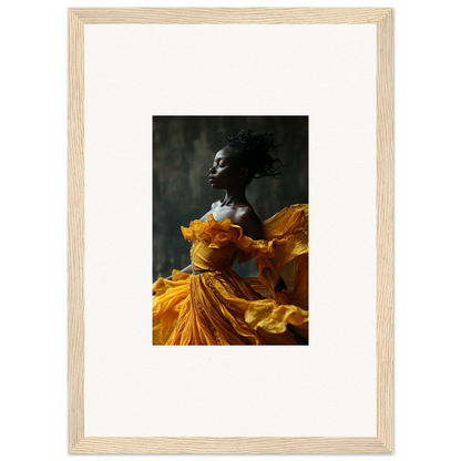 Framed wall art of a person in a flowing yellow dress, capturing sunlit whispers