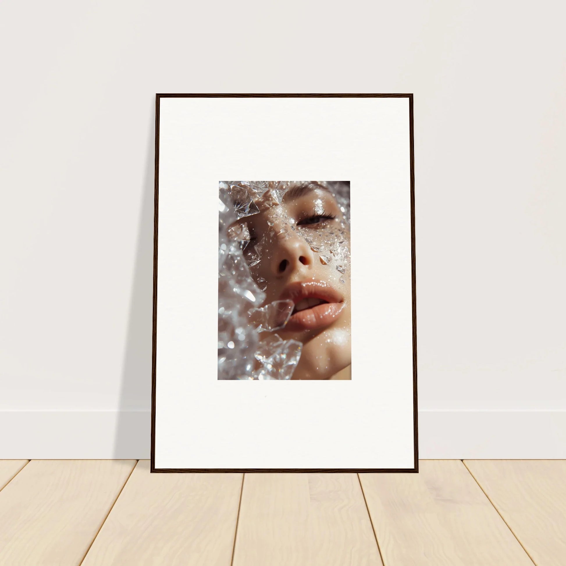 Framed wall art of a whispering dreamer’s face adorned with water droplets