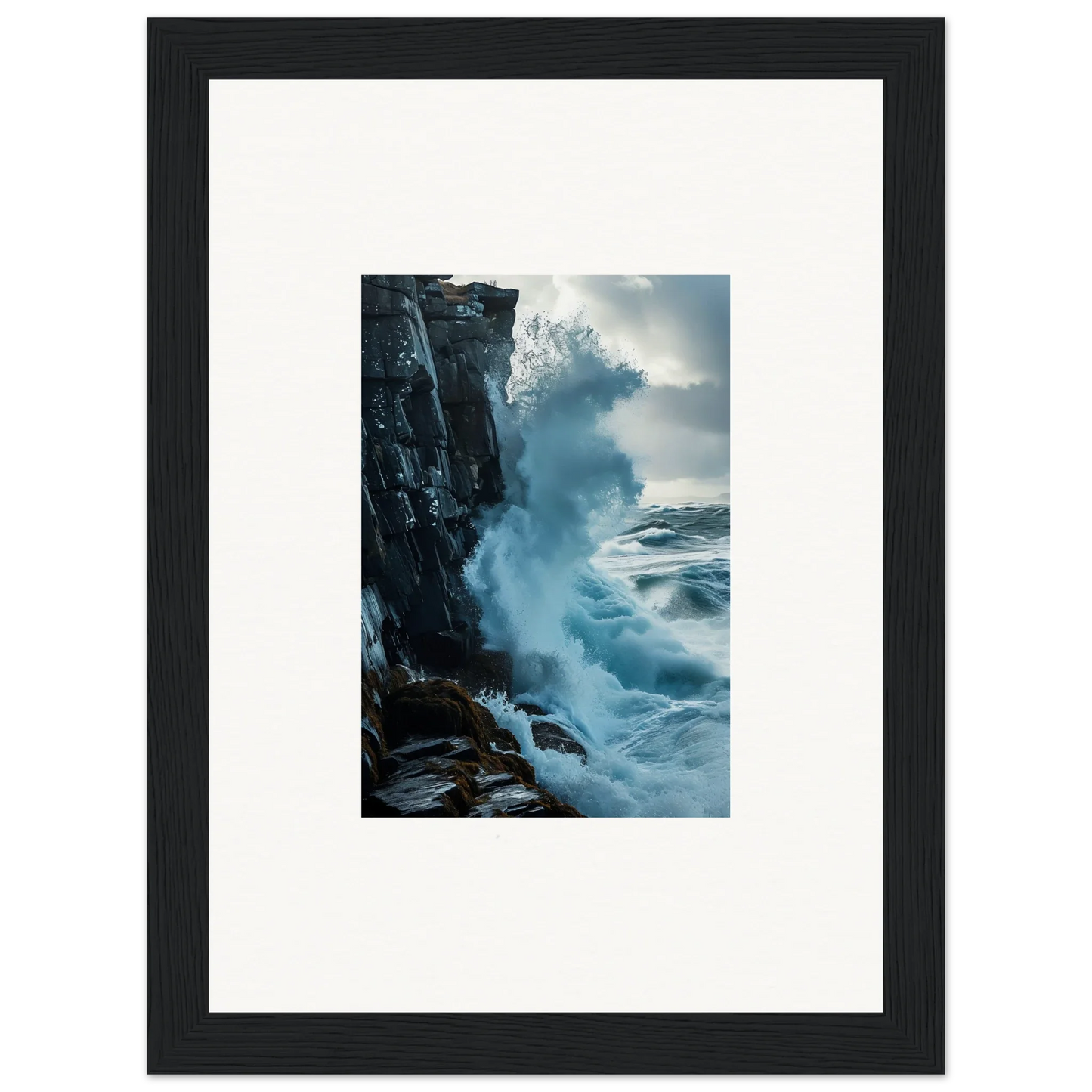 Framed wall art of ocean waves crashing against cliffs, ideal baptism translation room decor