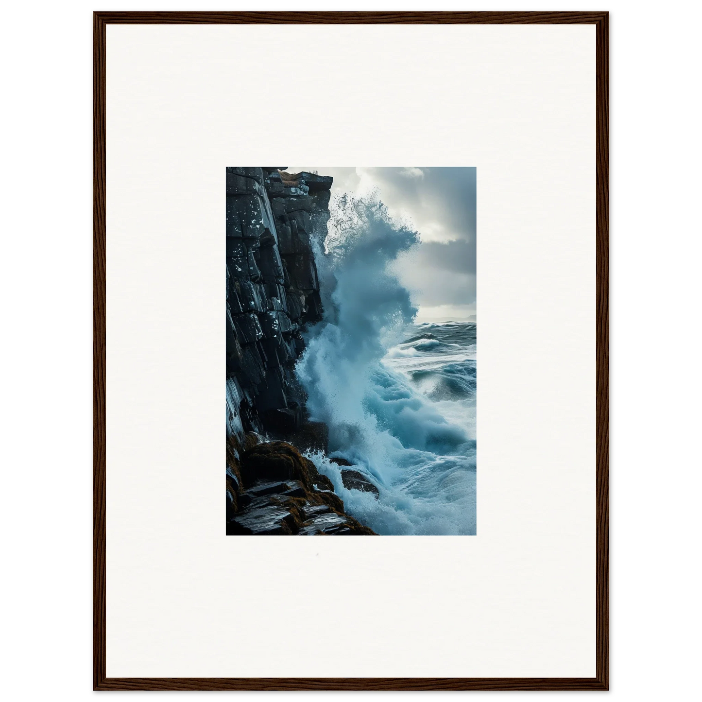 Framed wall art of ocean waves crashing against cliffs for unique room decor