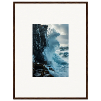 Framed wall art of ocean waves crashing against cliffs for unique room decor