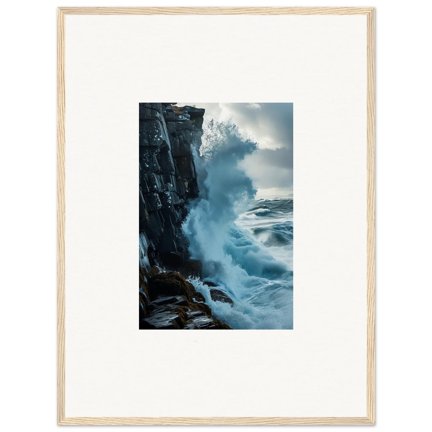 Framed wall art of powerful ocean waves as captivating room decor for baptism translation