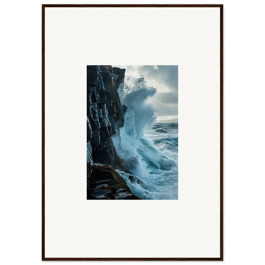 Framed wall art of ocean waves crashing against cliffs for thunder nostalgia room decor