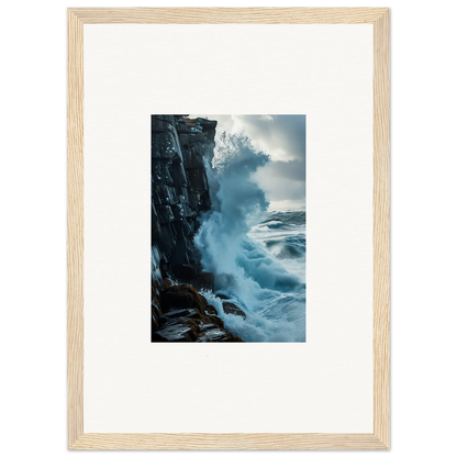 Framed wall art of ocean waves crashing on cliffs for stunning room decor and baptism translation