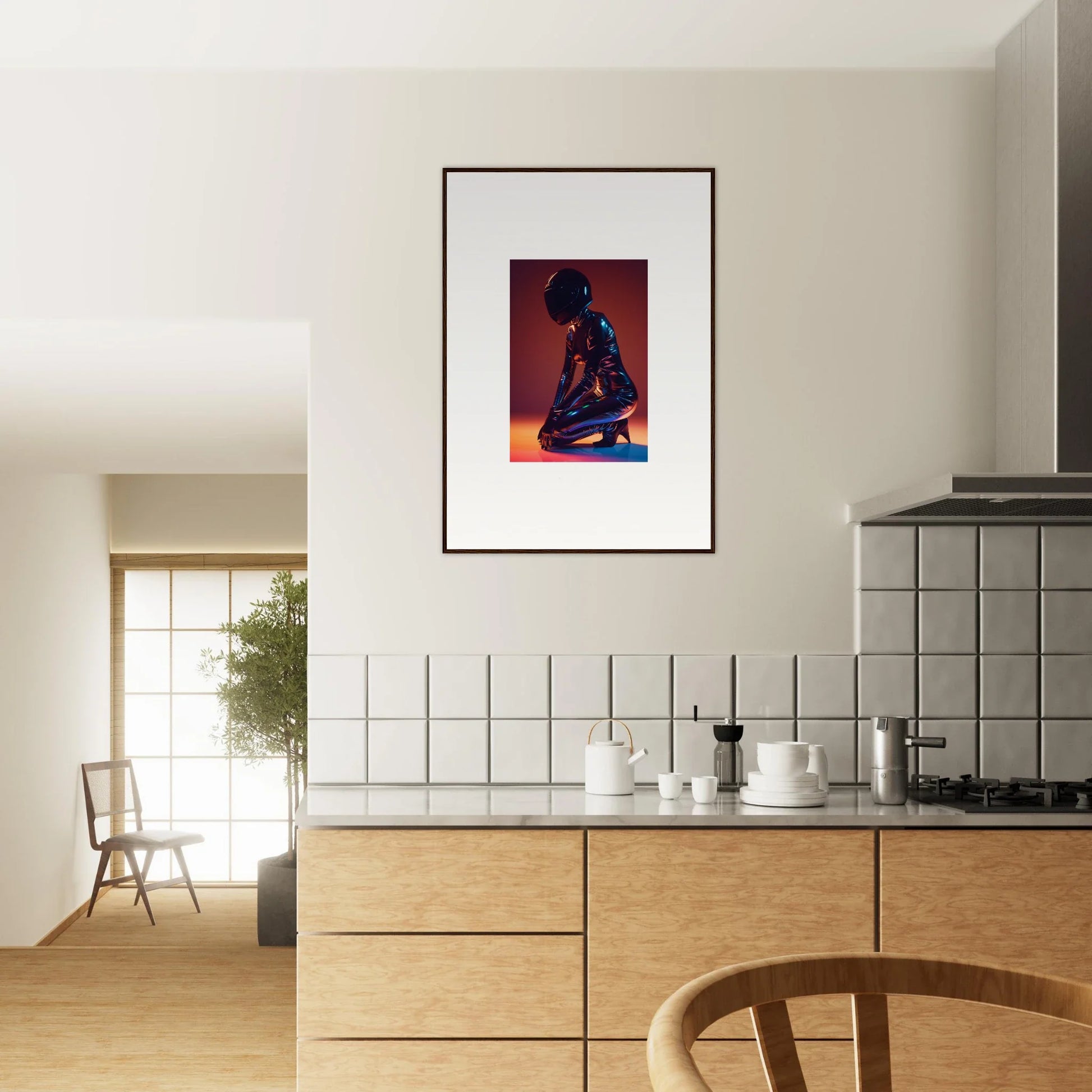 Framed wall art of a silhouetted figure against red background for night oracle room decor