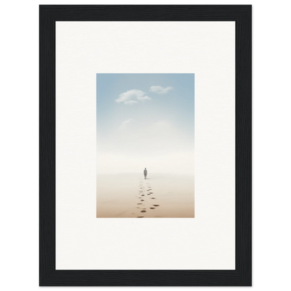 Framed wall art of a solitary figure on a misty beach evokes entwined nostalgia