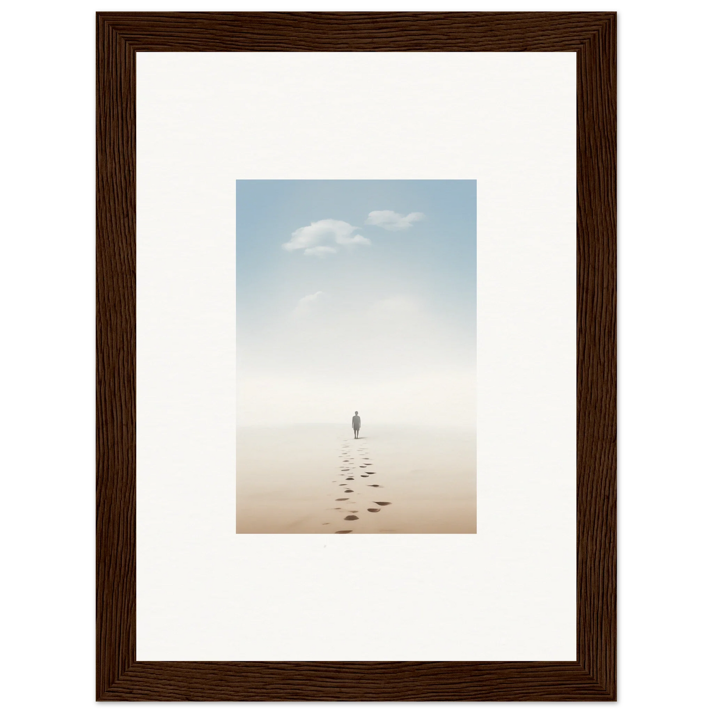 Framed wall art of a solitary figure on a misty beach, embodying entwined nostalgia