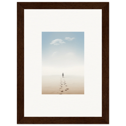 Framed wall art of a solitary figure on a misty beach, embodying entwined nostalgia