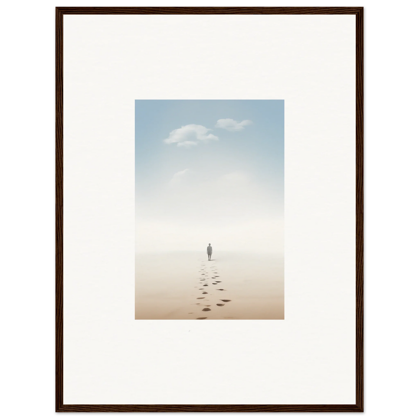 Framed wall art of a solitary figure on a misty beach, evoking entwined nostalgia