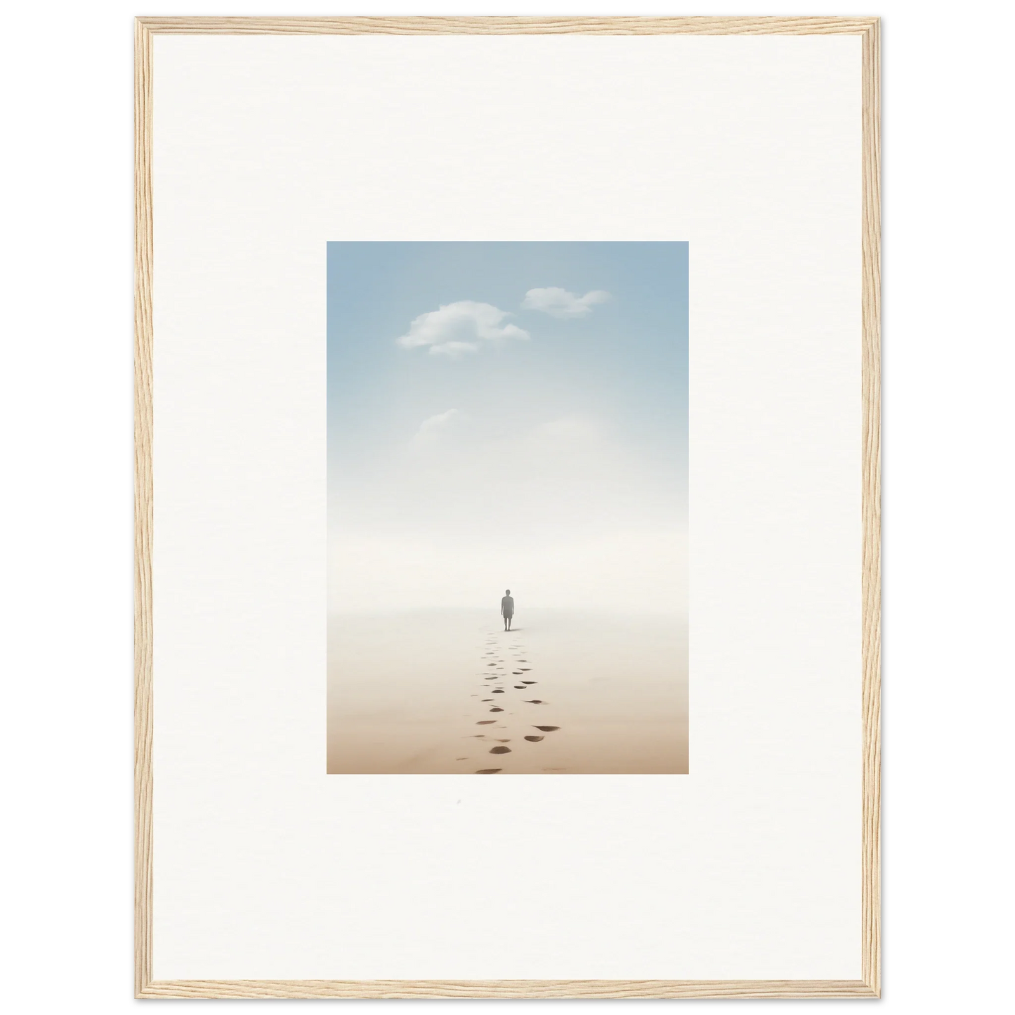 Framed wall art of a figure on a misty beach captures entwined nostalgia for room decor