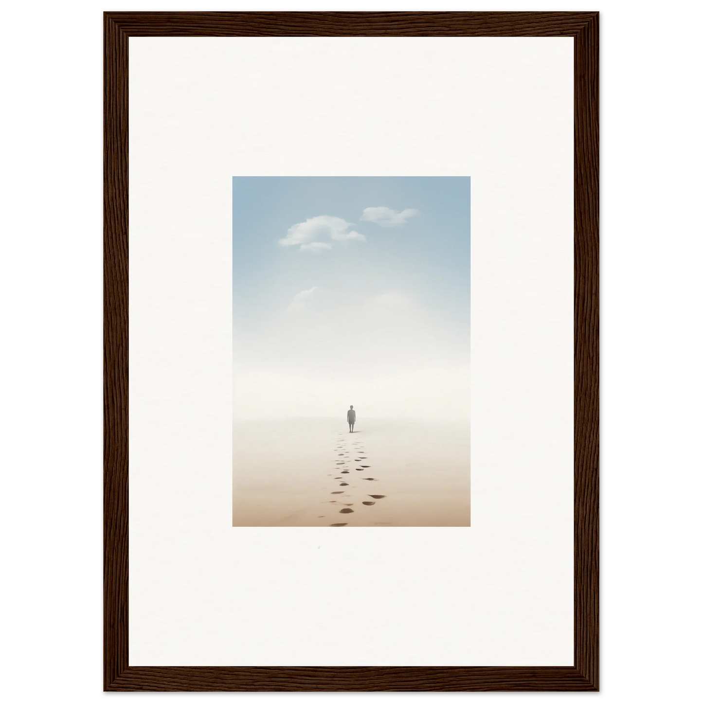 Framed wall art of a solitary figure on a misty beach, capturing entwined nostalgia