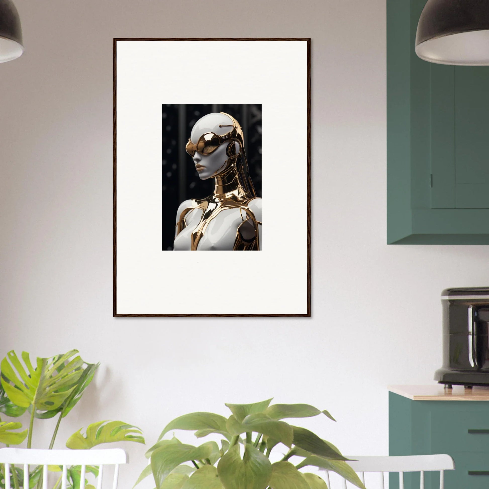 Framed wall art of a mannequin with sunglasses and gold necklace for Psyche Glimmer room decor