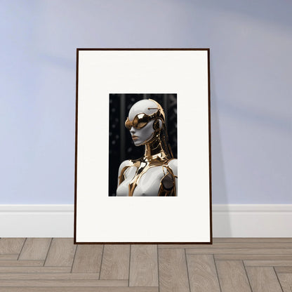 Framed wall art of a mannequin in sunglasses and gold necklace for Psyche Glimmer decor