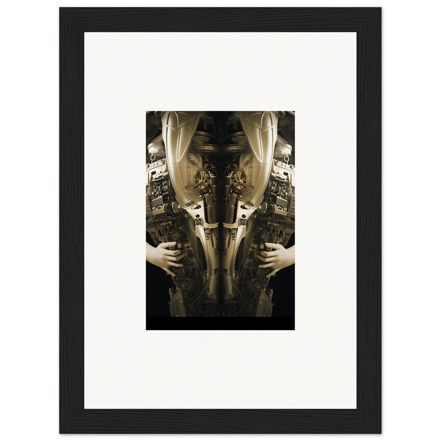 Framed wall art featuring symmetrical elegance quandary torso and hands image