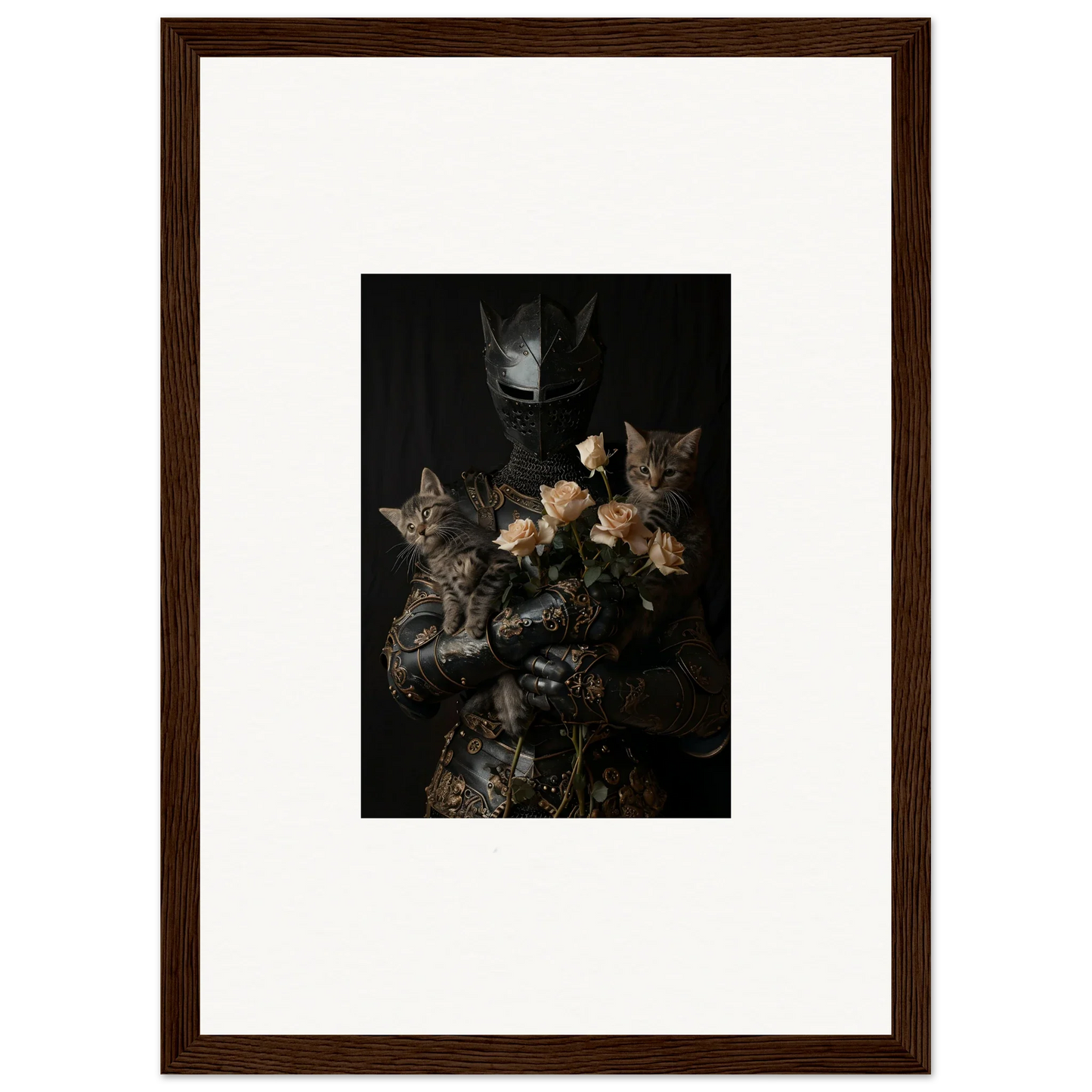 Framed wall art of cuddle chaotica tabby kittens among pale roses, perfect for room decor