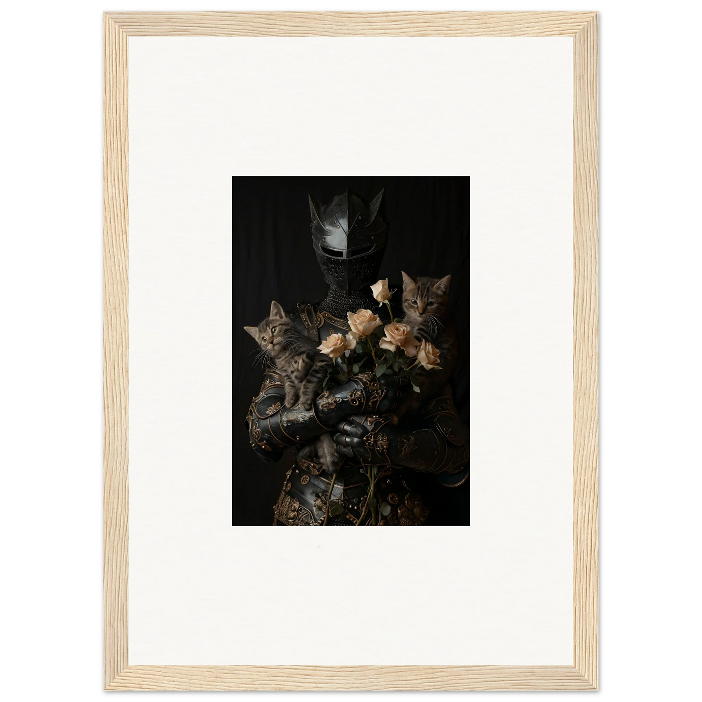 Framed wall art of Cuddle Chaotica tabby kittens among flowers in a dark setting