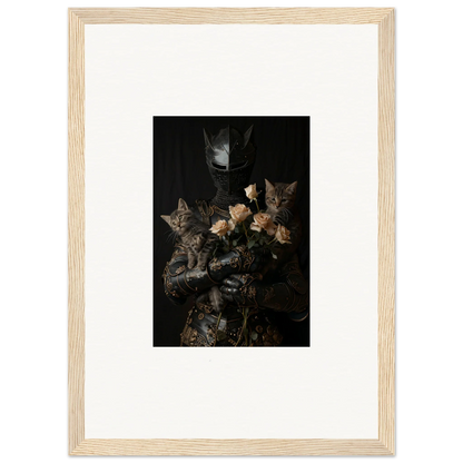 Framed wall art of Cuddle Chaotica tabby kittens among flowers in a dark setting