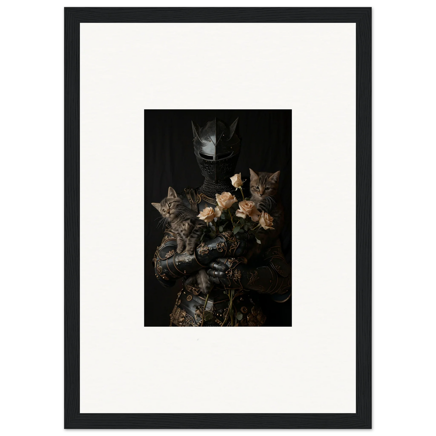 Framed wall art of three tabby kittens with flowers for cozy Cuddle Chaotica room decor