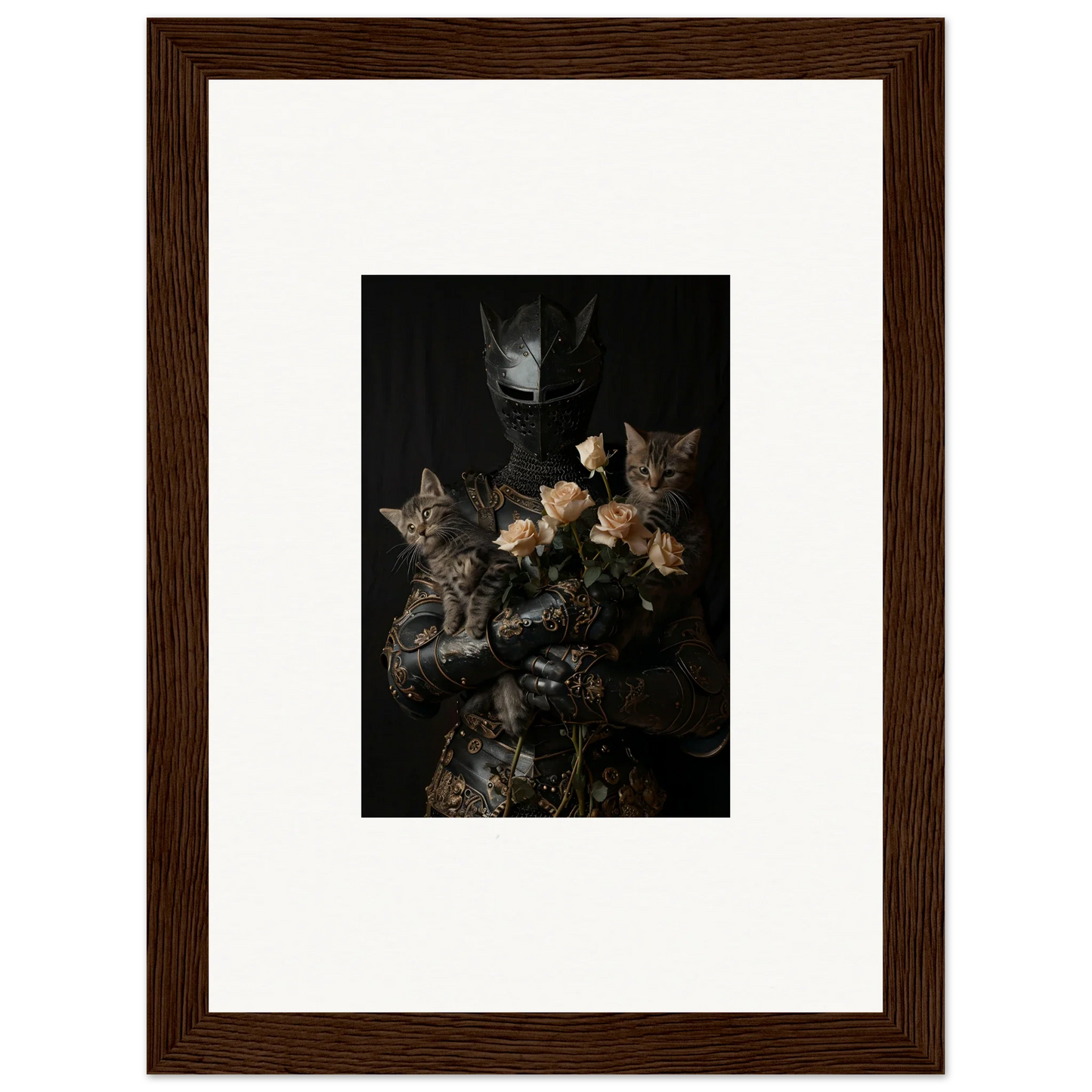 Framed wall art of cuddle chaotica cats with yellow roses in moody room decor