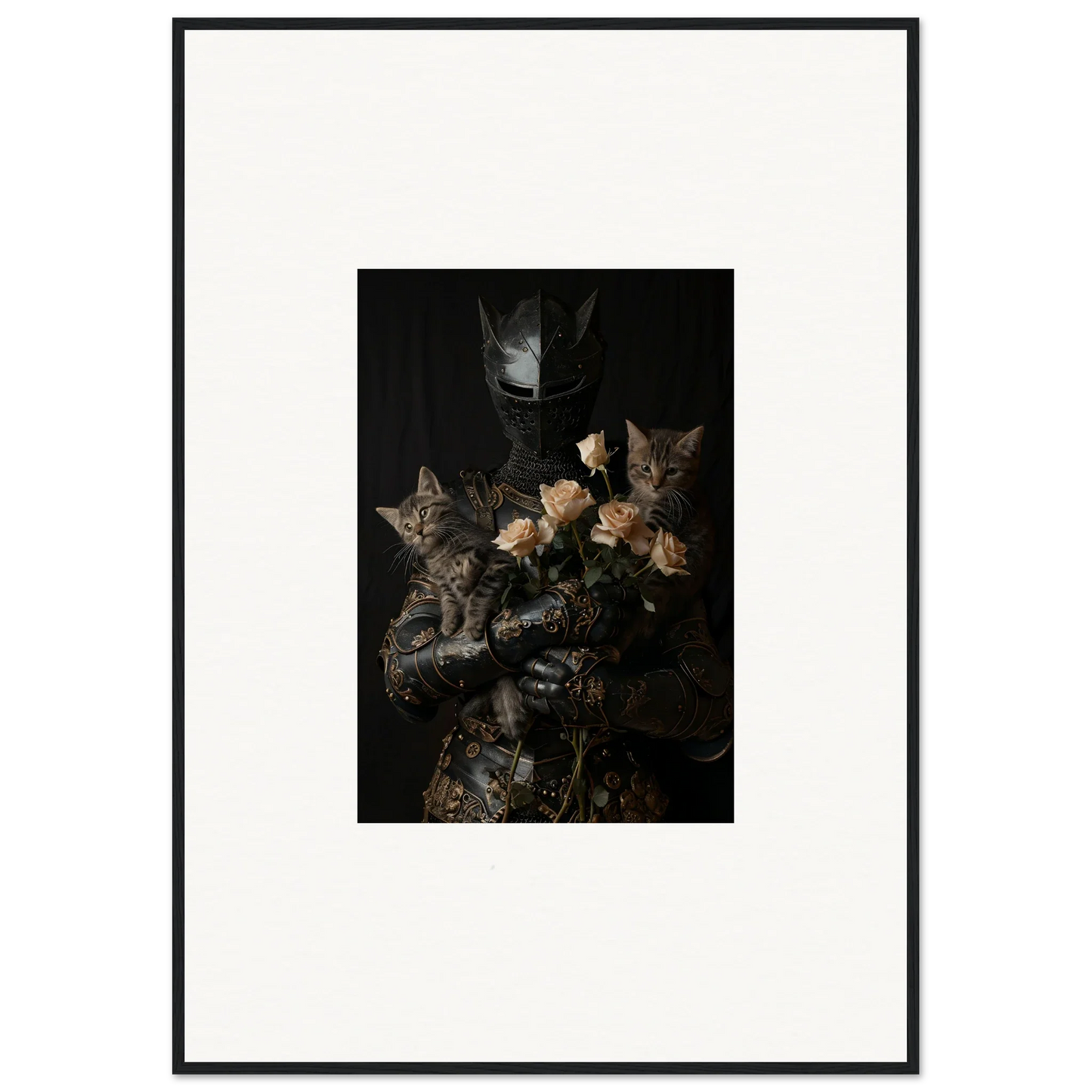 Framed wall art of Cuddle Chaotica with two cats and pale flowers in dark decor