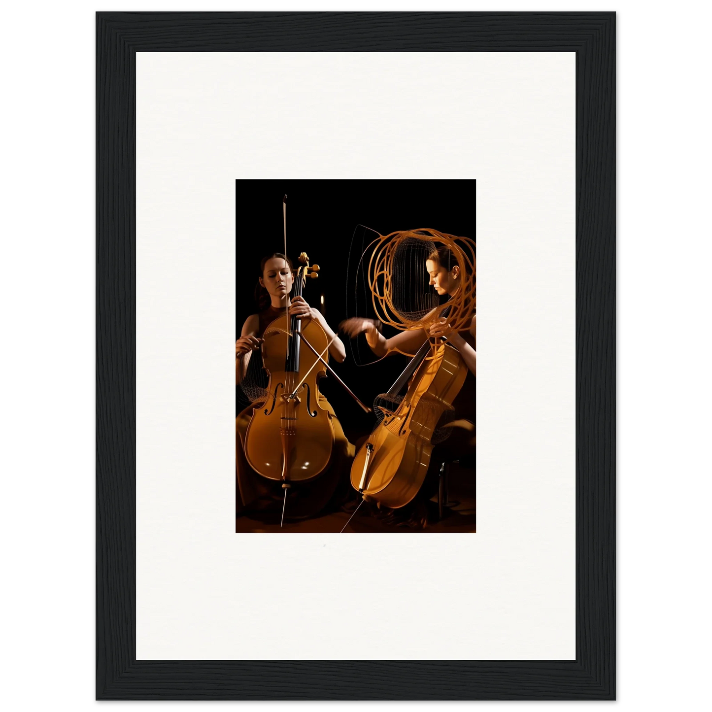 Framed wall art showcasing cellists performing with dramatic lighting for stylish room decor