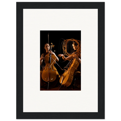 Framed wall art showcasing cellists performing with dramatic lighting for stylish room decor