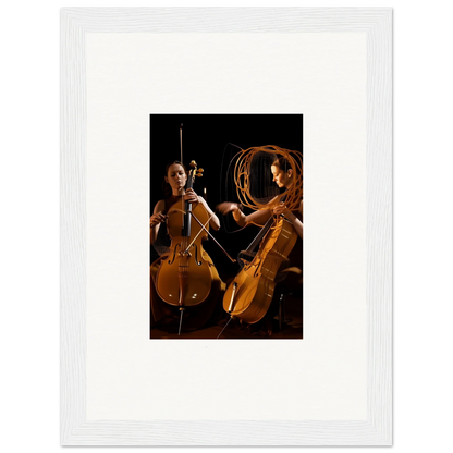 Framed wall art of two cellists performing in dramatic lighting for stylish room decor