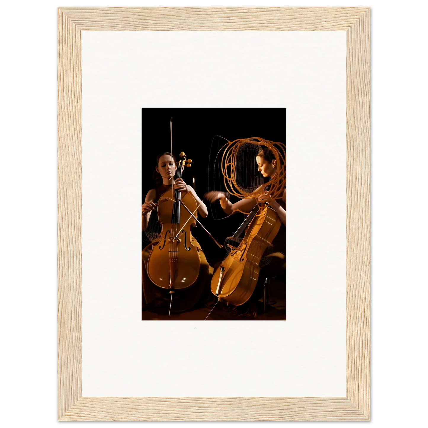 Framed wall art of two cellists in dramatic lighting, perfect for room decor