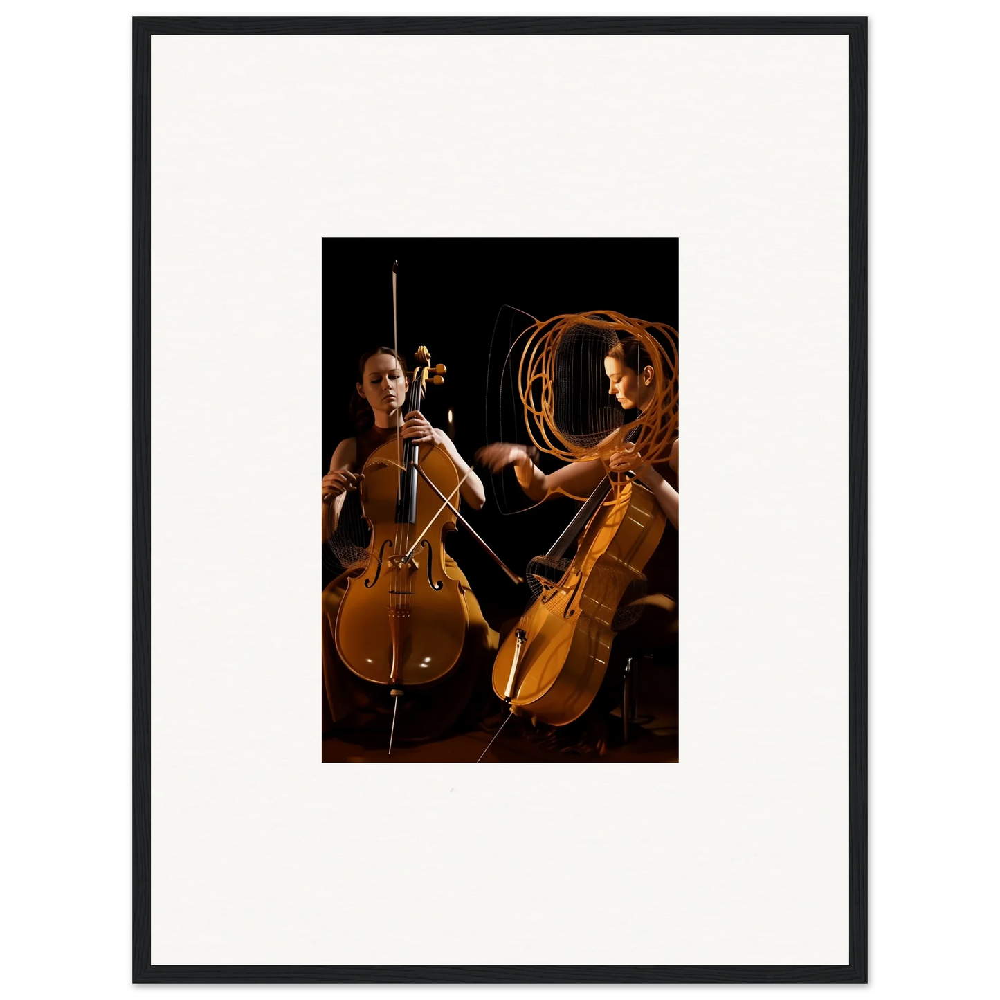 Framed wall art of two cellists performing with dramatic lighting, ideal for room decor