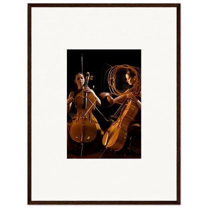 Framed wall art featuring two cellists performing with dramatic lighting for elegant room decor