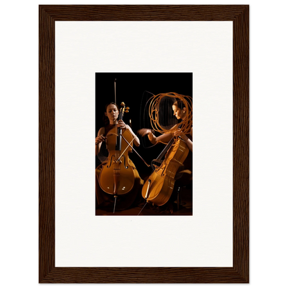 Framed wall art of two cellos illuminated by warm lighting for stylish room decor