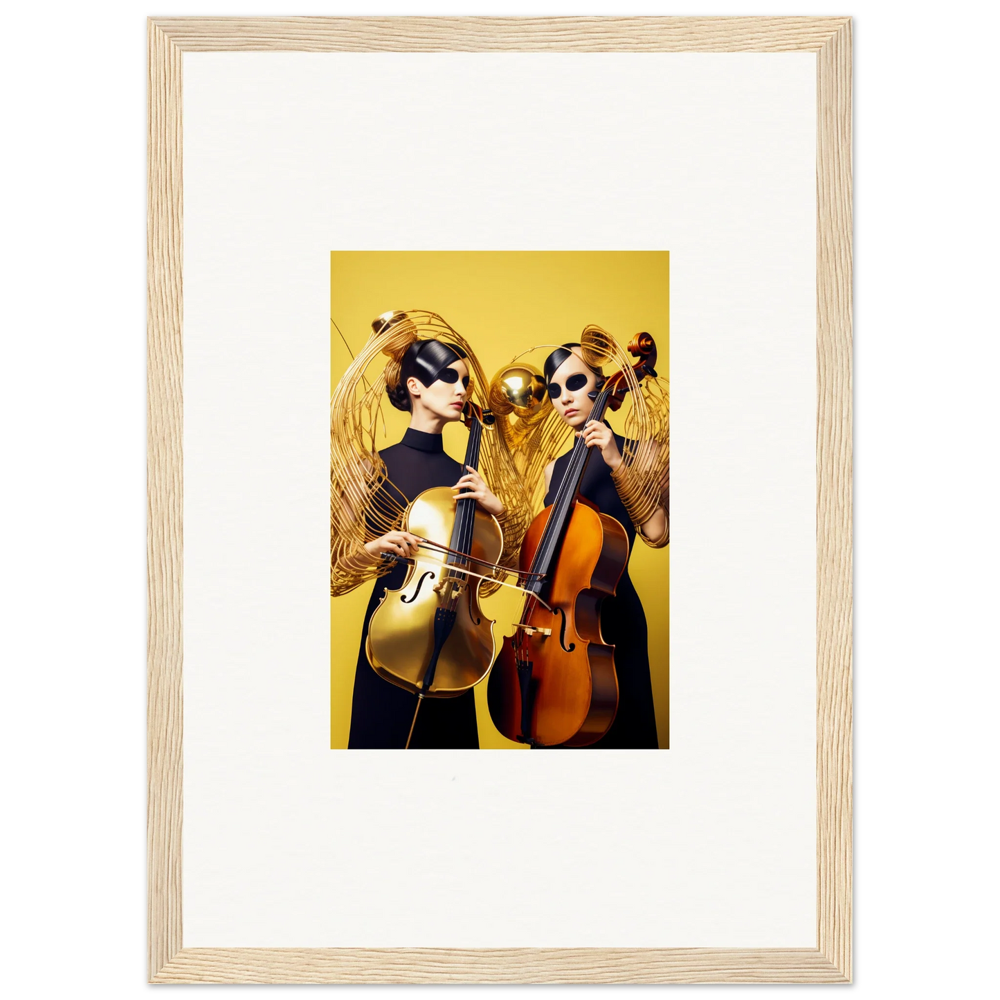 Framed wall art of two dogs playing instruments, vibrant dive illusions decor