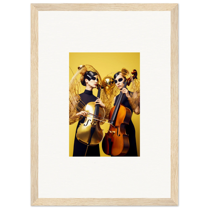 Framed wall art of two dogs playing instruments, vibrant dive illusions decor