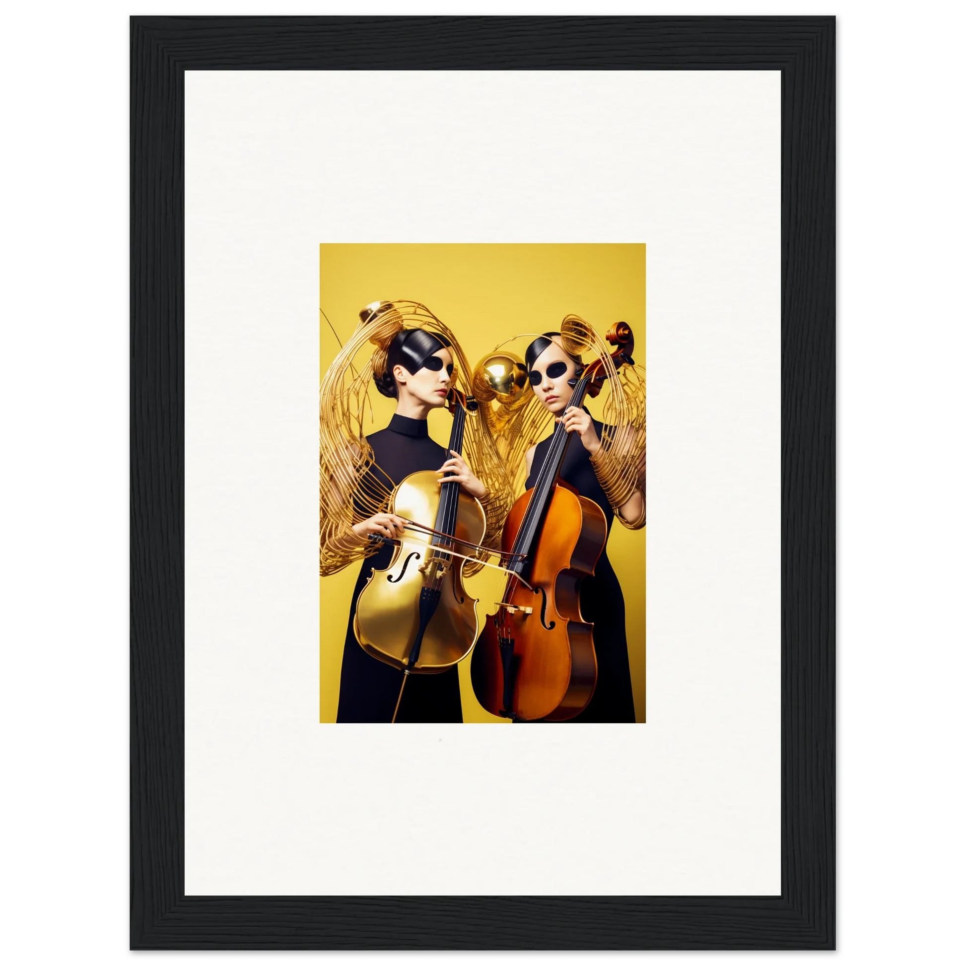 Framed wall art of two musicians playing cellos, perfect for dive illusions room decor