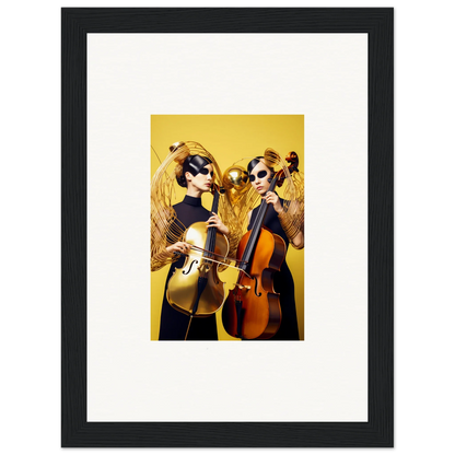 Framed wall art of two musicians playing cellos, perfect for dive illusions room decor