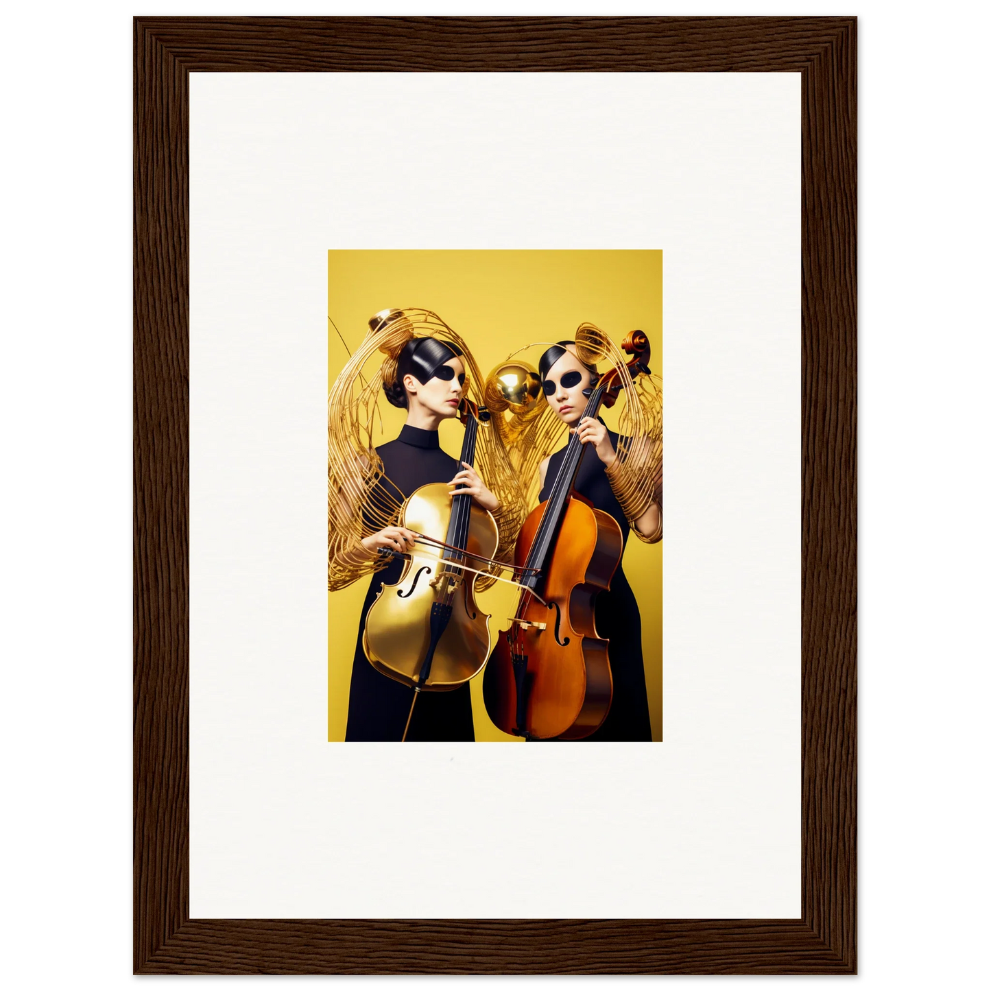 Framed wall art of two musicians playing cellos in Dive Illusions room decor