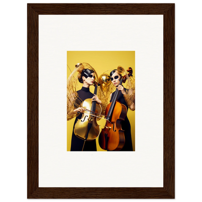 Framed wall art of two musicians playing cellos in Dive Illusions room decor