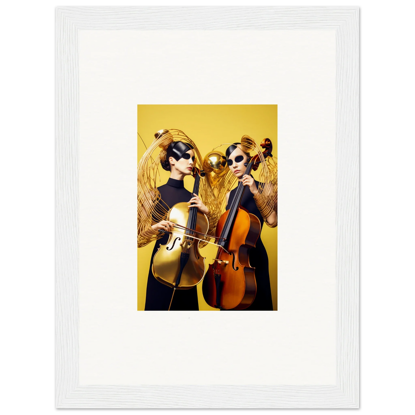 Framed wall art of two musicians with cellos on a yellow background for room decor