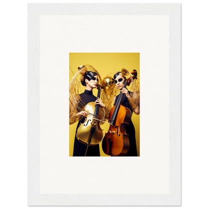 Framed wall art of two musicians with cellos on a yellow background for room decor