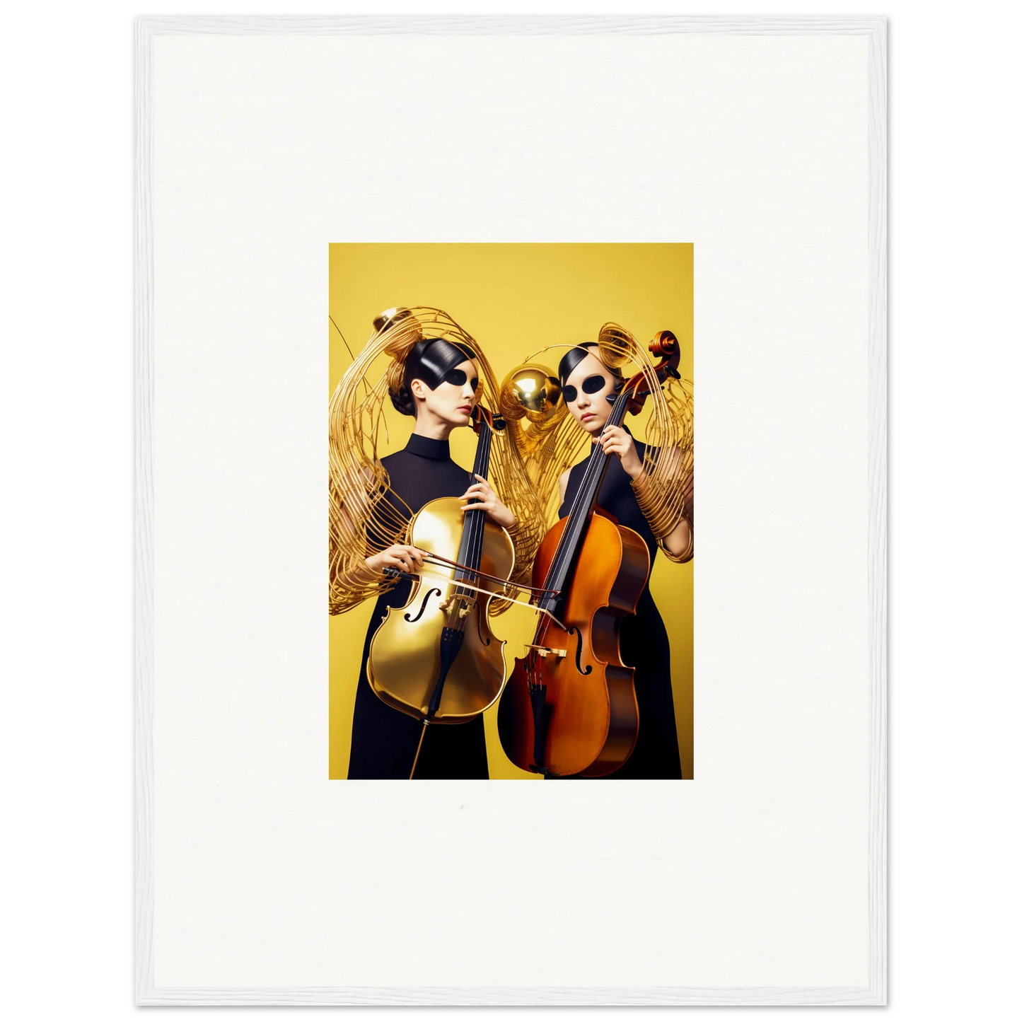 Framed wall art of two musicians playing cellos, perfect for dive illusions room decor