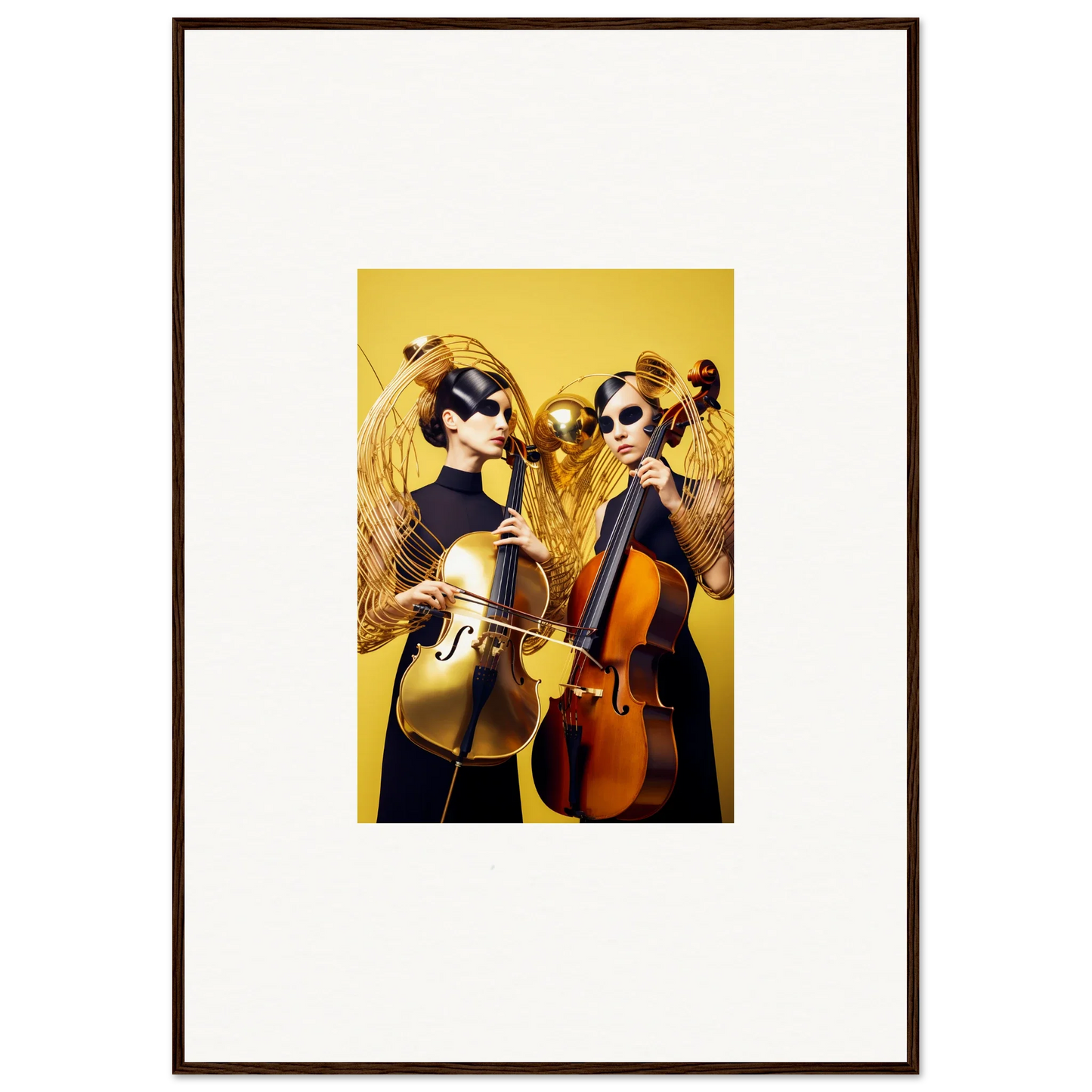 Framed wall art of musicians playing cellos in yellow for vibrant room decor